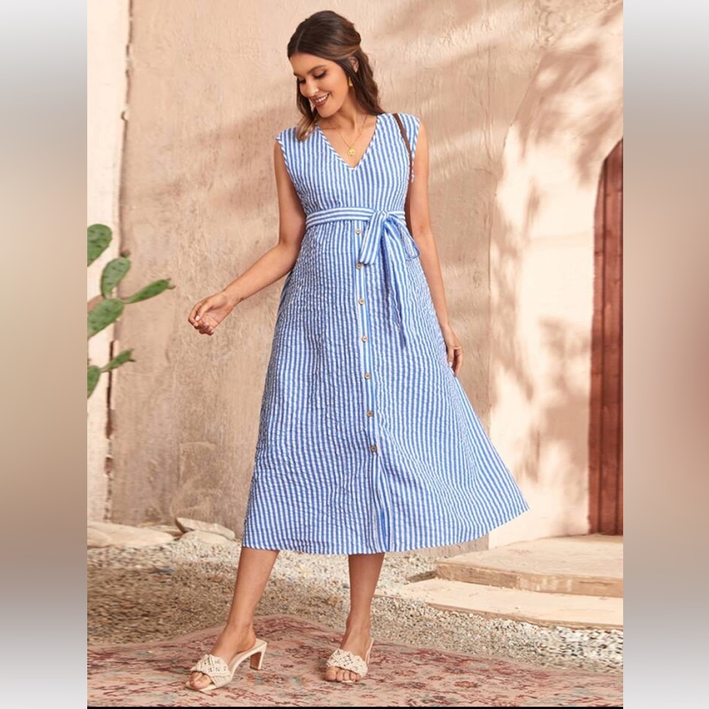 SHEIN Maternity Vertical Striped Blue and White Seersucker Belted Dress